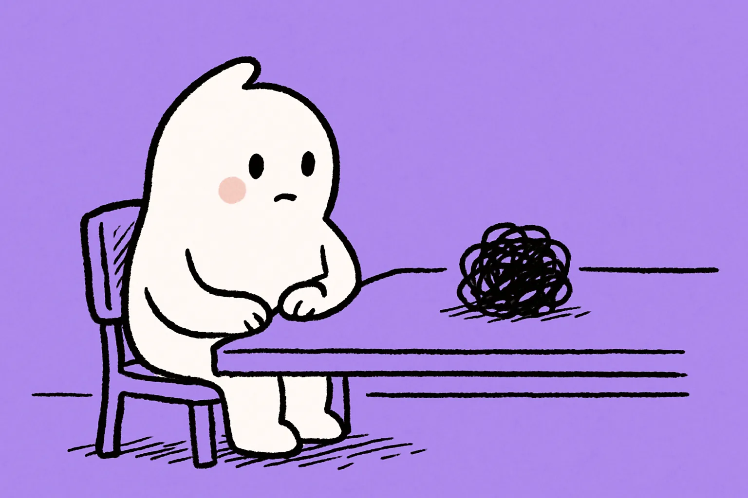 A small white character sits at a break-room table with its hands in its lap, glancing at a small black scribble lying on the table without touching it.