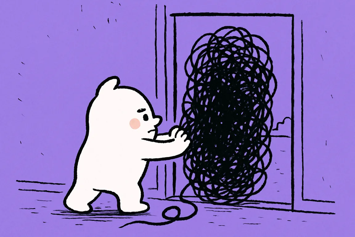 A small white character pushes a tall black scribble out through an open back door while one loop of it has already curled back around its ankle.