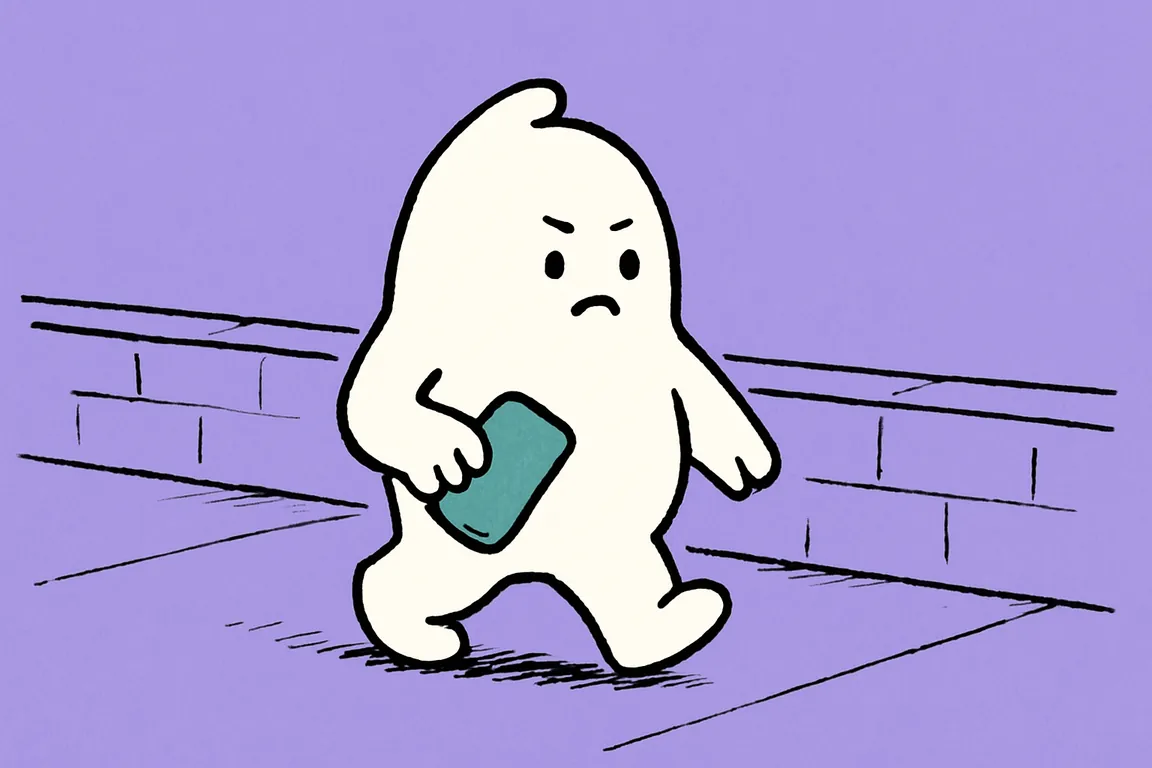 A small white character walks along a pavement, putting its phone away in its pocket instead of looking anything up.
