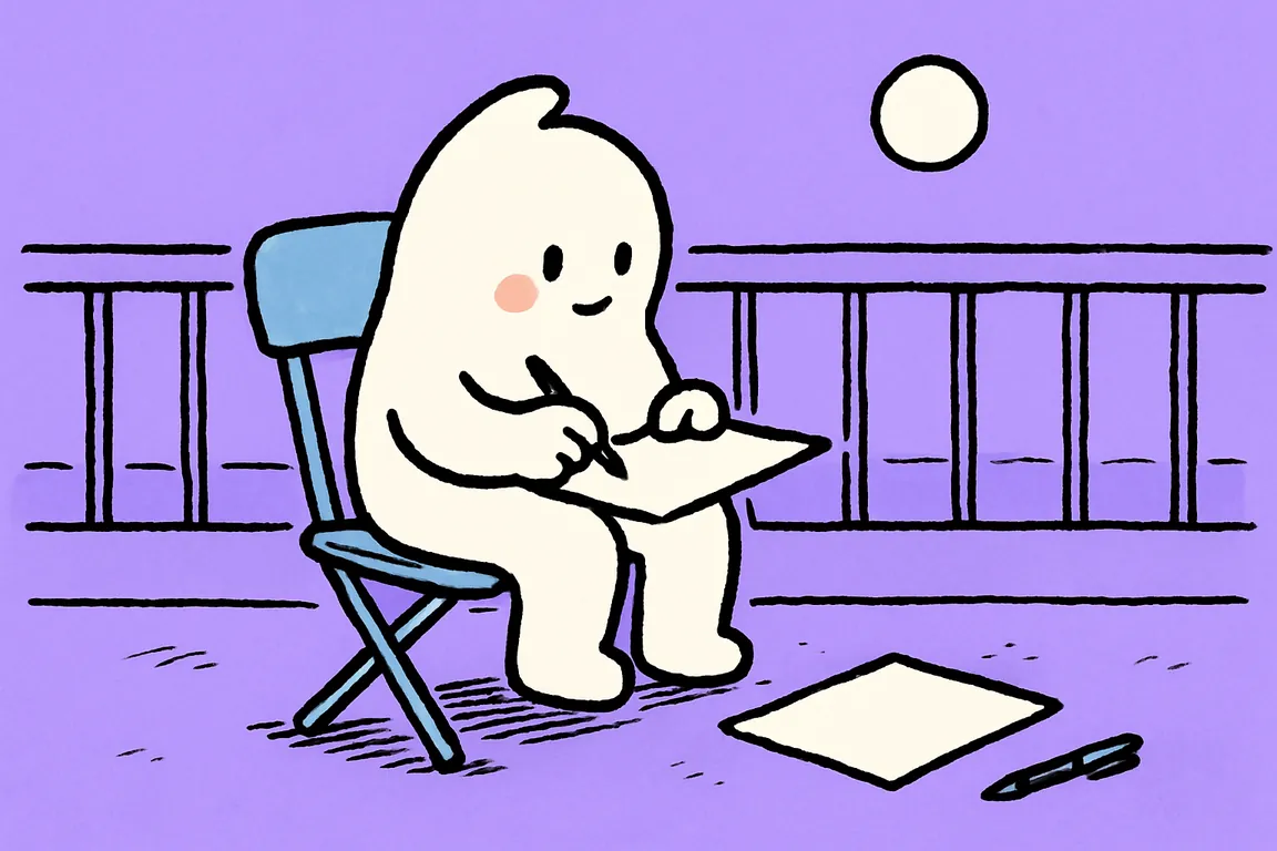 A small white character sits on a balcony chair writing on a plain sheet of paper resting on its knee.