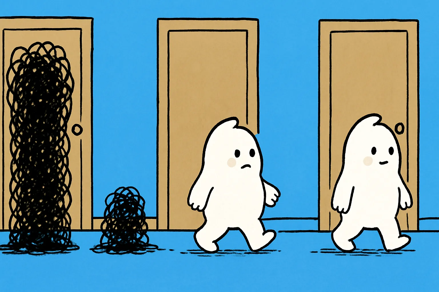 The same small white character passing three closed doors along a corridor, the black scribble beside it towering at the first door, waist-high at the second and a thin trace at the third.