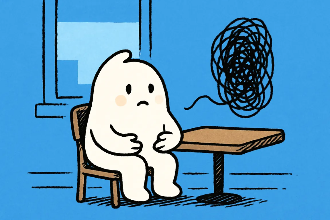 The small white character sitting at a café table with its hands open and empty in its lap while a tall slack black scribble rises beside the table.