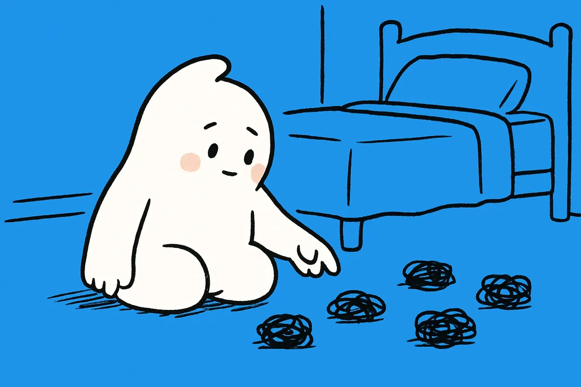 The small white character sitting on a bedroom floor looking at several small flat black scribble knots scattered across the carpet.