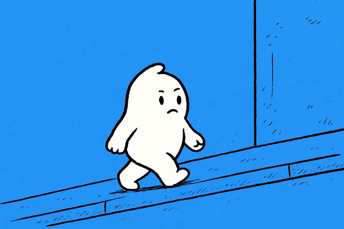 The small white character taking a short, slow step up a gently sloping pavement with empty hands, still moving forward.