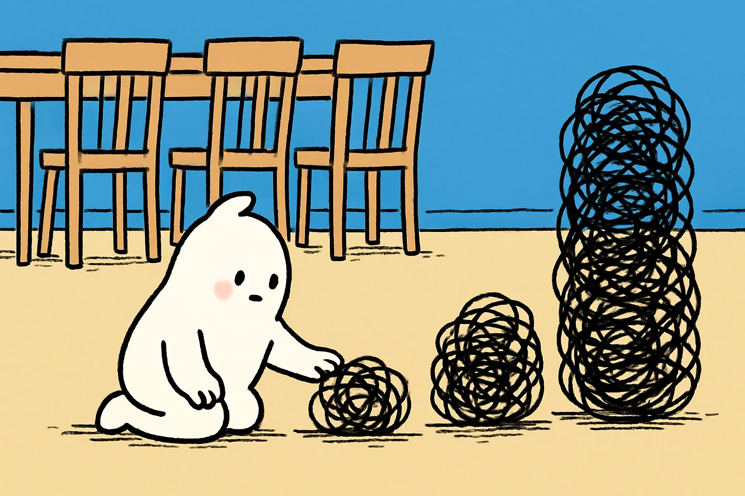 A small white character kneels on a dining room floor beside a row of black scribble knots that grow bigger from left to right, resting a hand on one of the smallest instead of the tallest.
