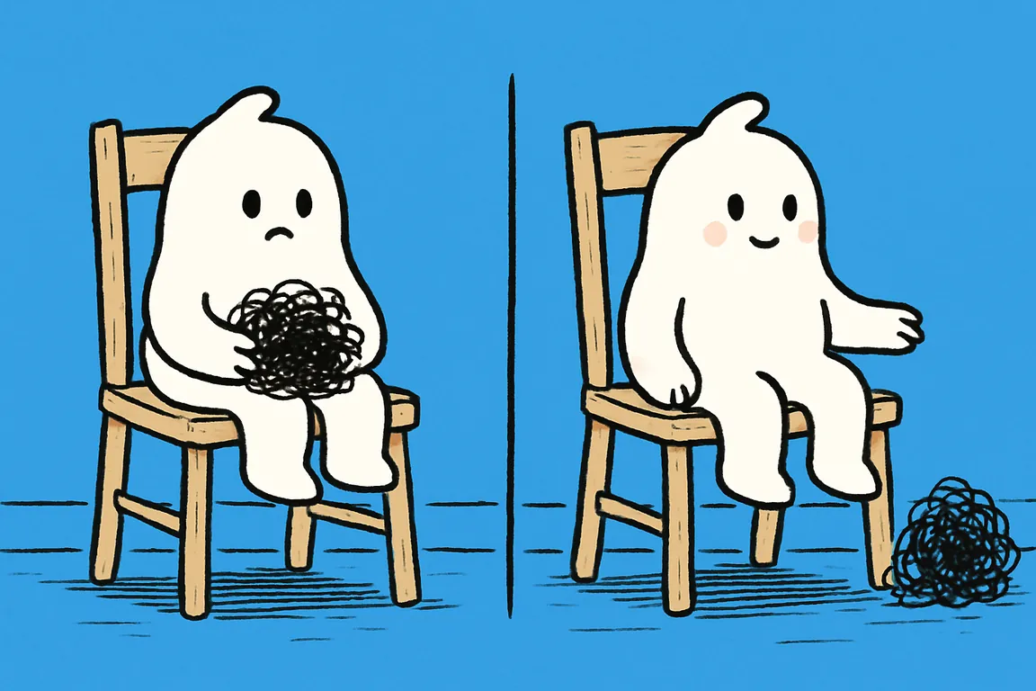 The same white character on the same wooden chair twice: on the left it grips the seat with a tight scribble knot in its lap, on the right it sits loosely with the knot slumped on the floor beside it.