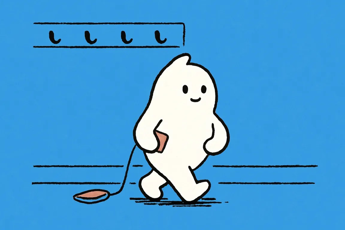 A small white character walks through a hallway wearing earbuds and tucking its phone into its pocket, carrying the recorded thought with it rather than answering it.