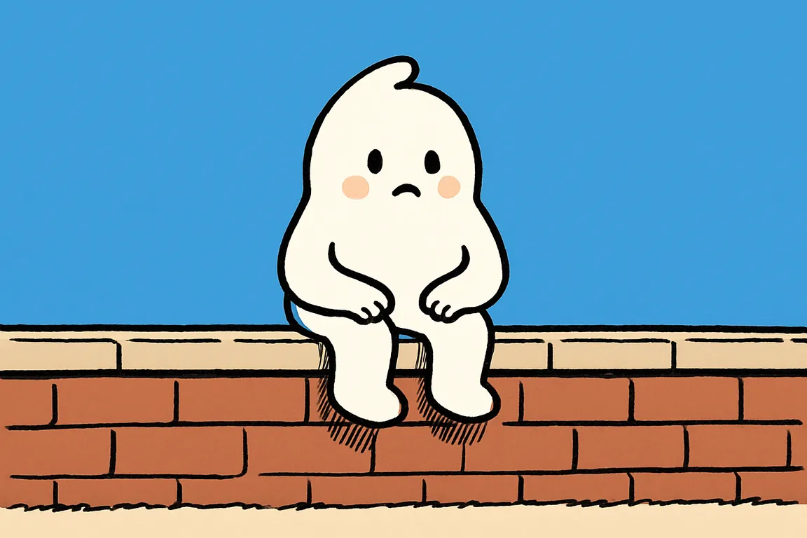 A small white character sits on a low garden wall with its hands tucked under its legs and held still, doing nothing to settle the feeling.