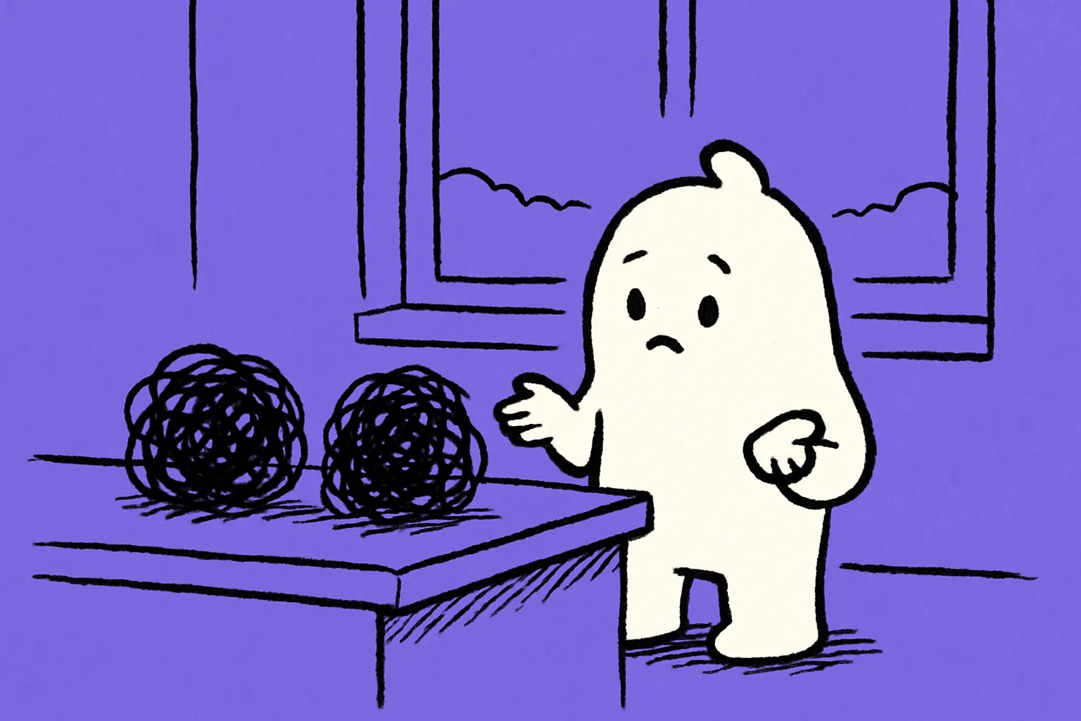 The white character stands at a sideboard with two identical black scribble knots side by side on it, hands hovering, unable to tell which is which.