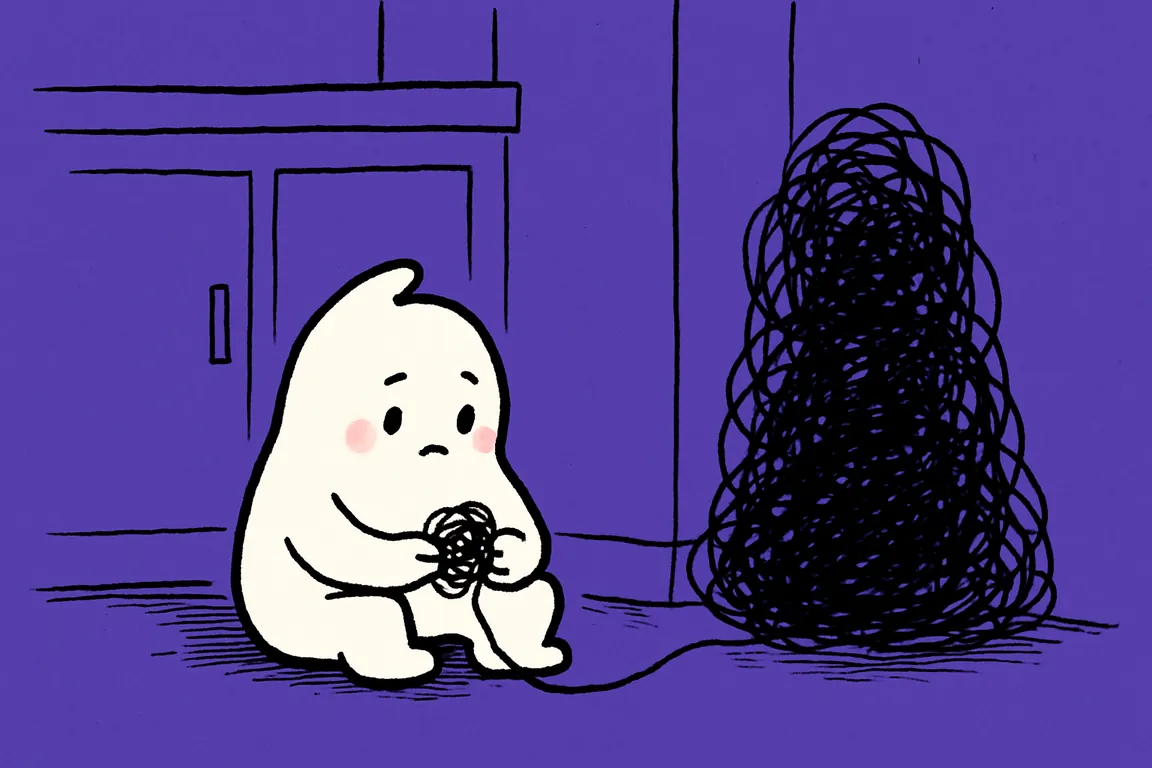 The white character sits on a kitchen floor turning a small scribble knot in its hands while a thread from it swells into a much larger tangle in the corner.