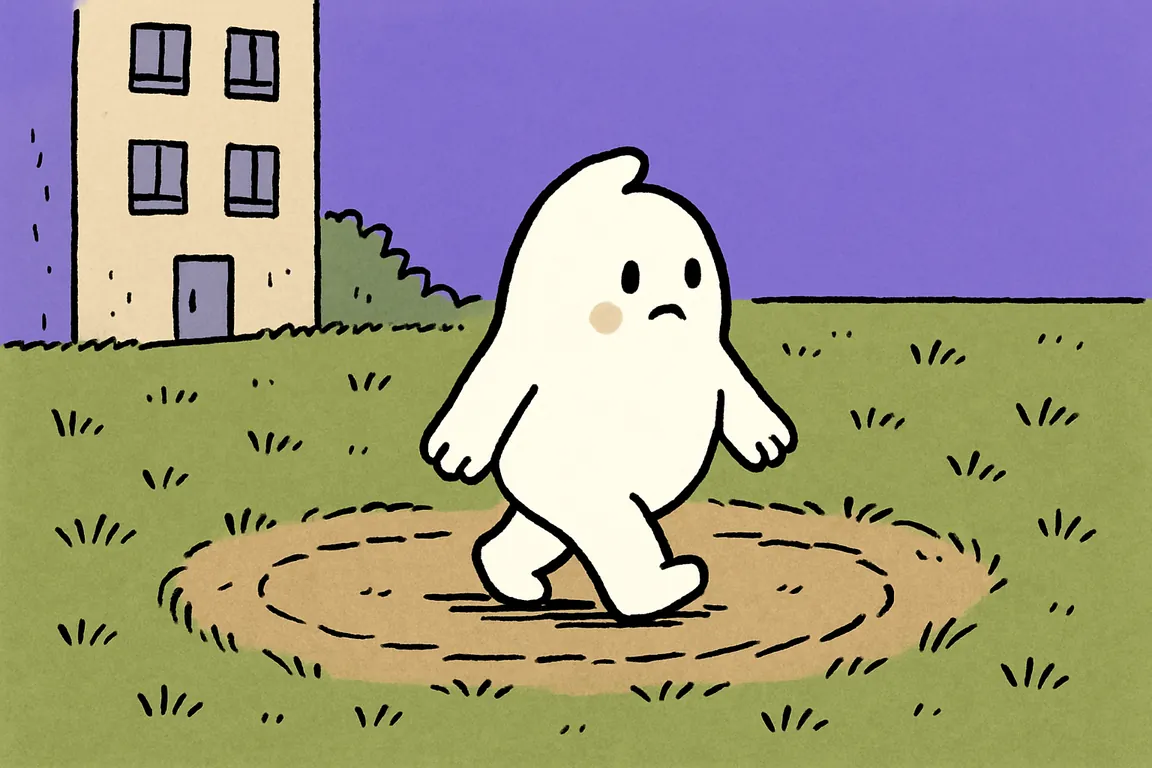 The white character walks mid-stride around a circular track worn into the grass, returning to where it began with empty hands.