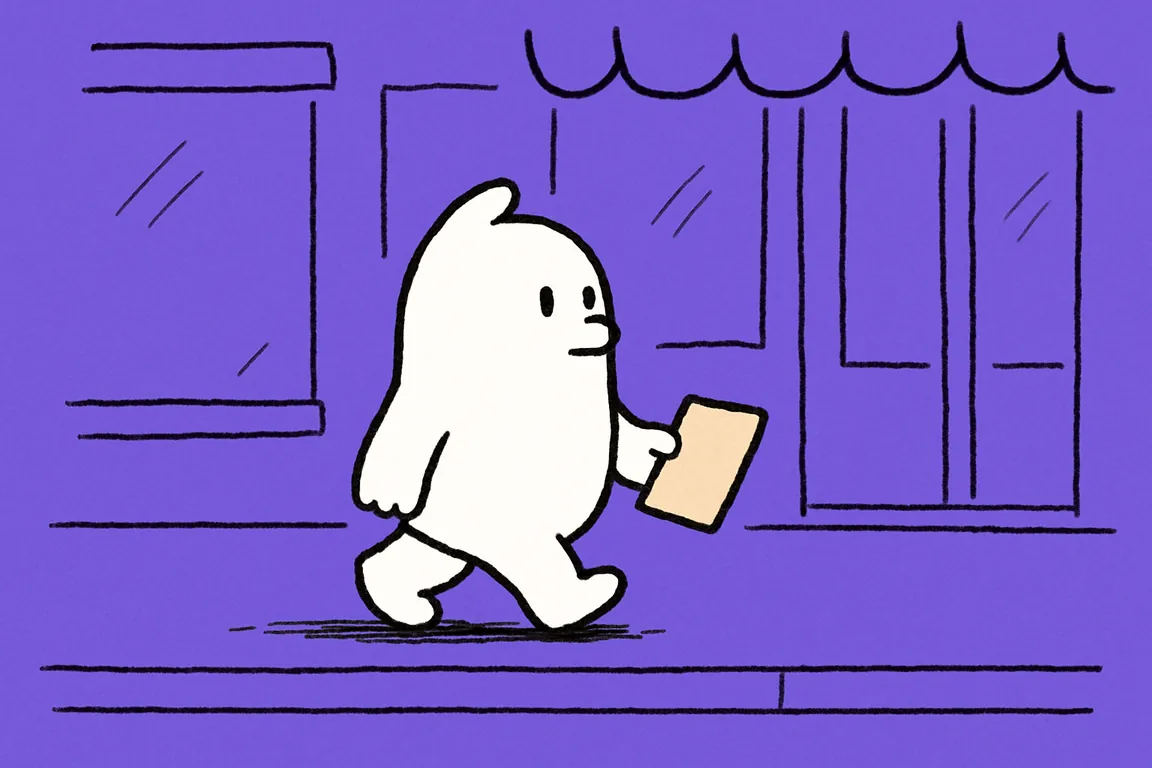 The white character walks along a pavement in the morning carrying one sheet of paper loosely at its side.