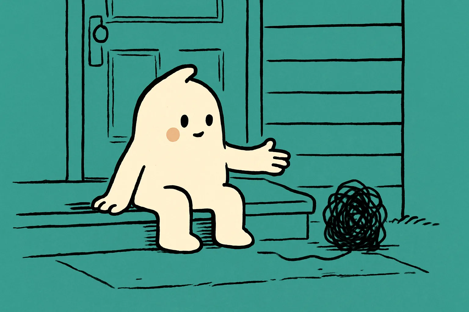 A small white character sits on a front door step with one arm open in welcome beside it and the other hand held palm-out toward a low black scribble thread on the step, showing warmth given and certainty declined.