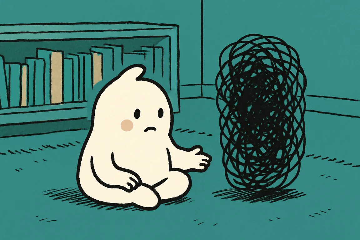 A small white character sits on a living-room carpet with an empty open hand held out while a black scribble in front of it has swelled taller than its head.