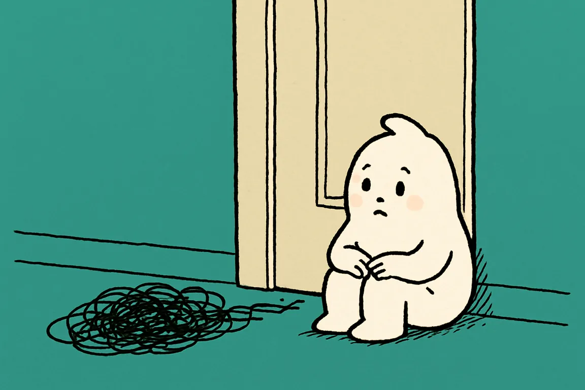 A small white character sits on the floor leaning against a closed door while black scribble loops seep low under it across the carpet.