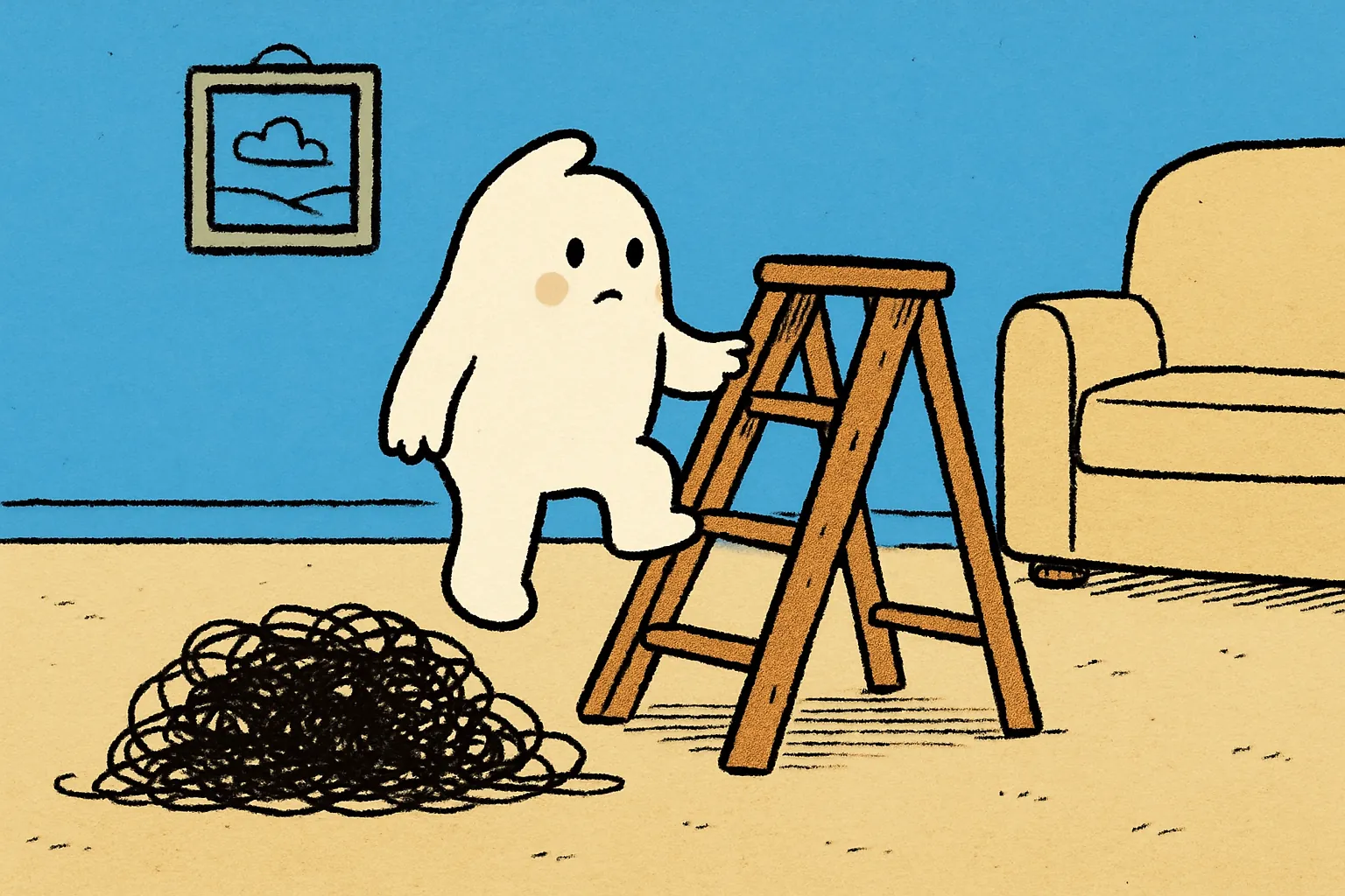The small white character steps onto the lowest rung of a short stepladder in a living room while a low black scribble spreads across the floor below, untouched.