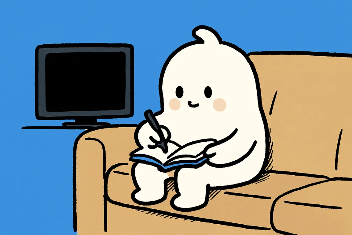The small white character sits on a sofa with the TV off, writing one line in a notebook on its lap.