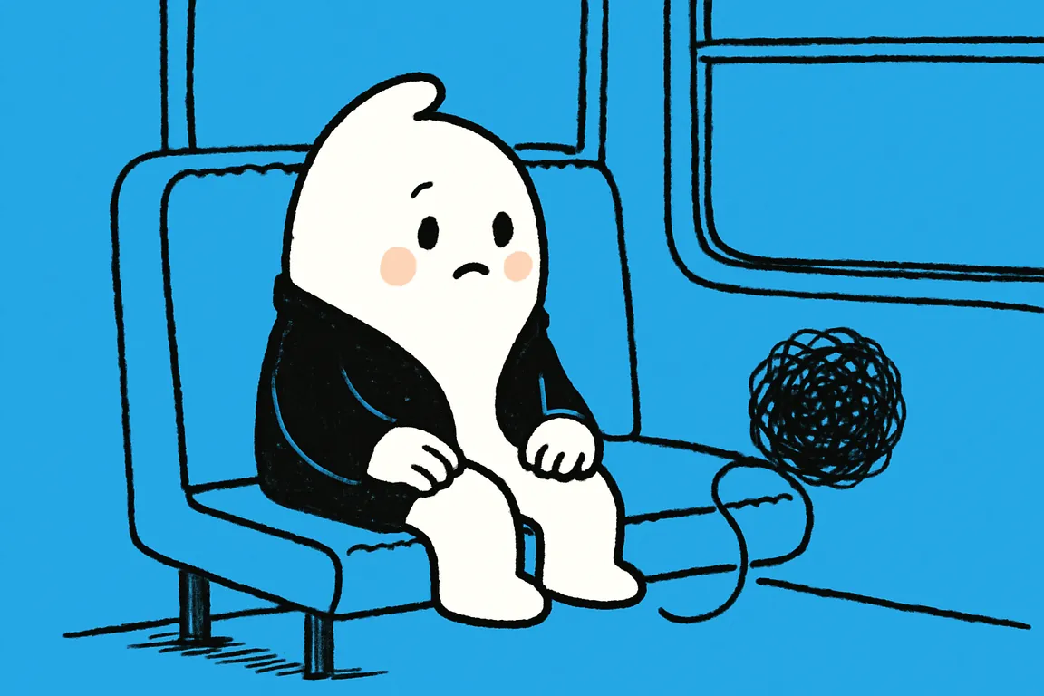 The small white character sits on a bus seat with open empty hands while a thin black scribble thread trails from its pocket down the seat.