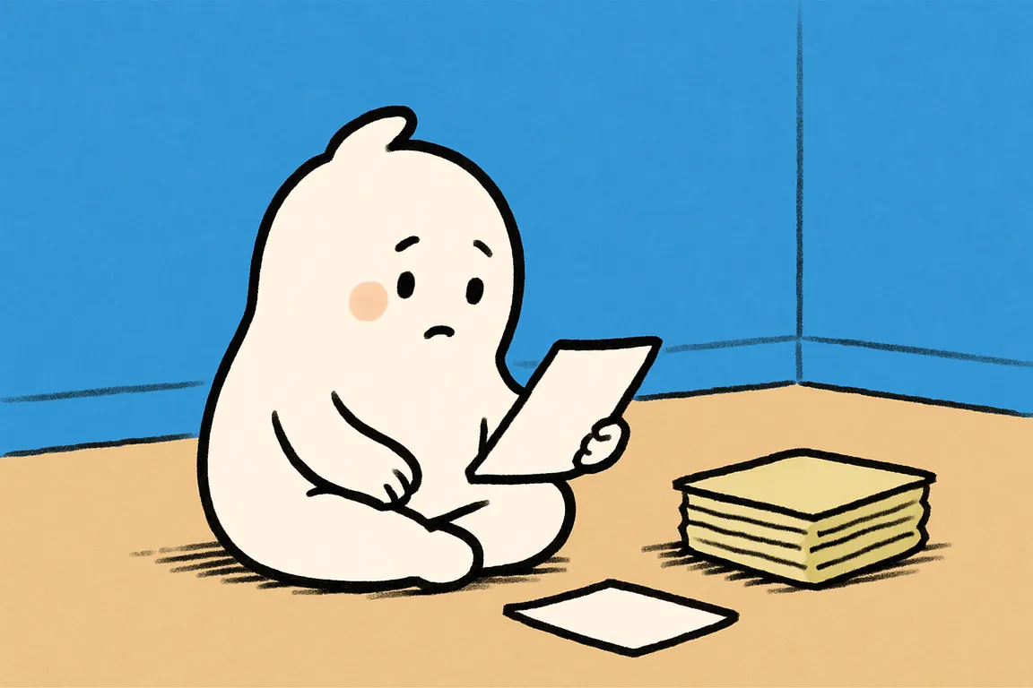 The small white character sits on a bedroom floor putting down a stack of printed pages and turning away from them.