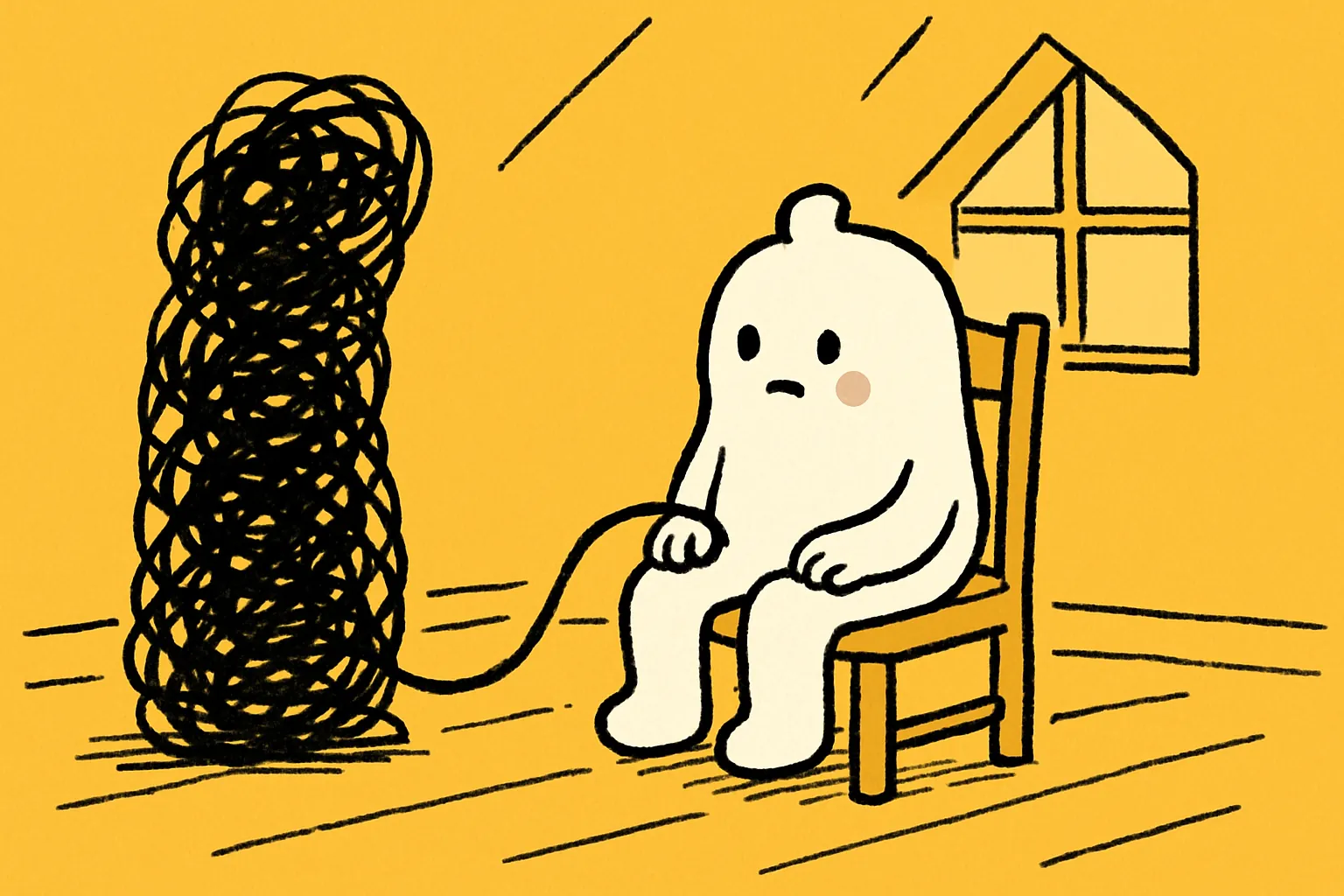 A small white character sits on a wooden chair with its hands still on its knees while a tall black scribble, looped round one wrist, pulls taut away from it.