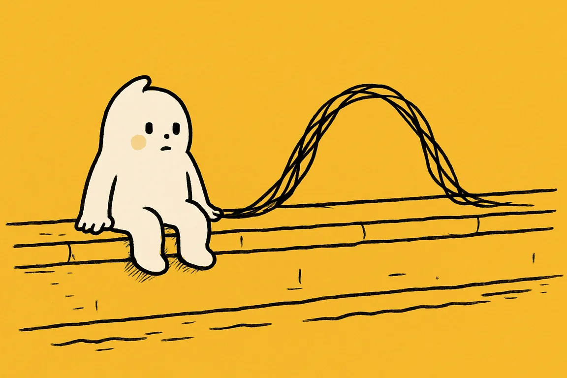 A small white character sits on a canal wall while a black scribble beside it rises to a peak above its head and then falls back to a thin trace.