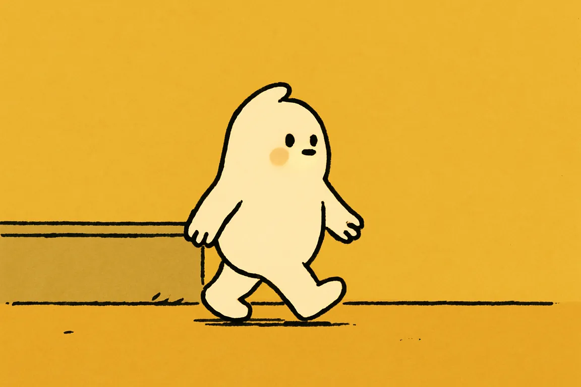A small white character stands up from a low curbside wall and turns to walk on with empty, open hands.