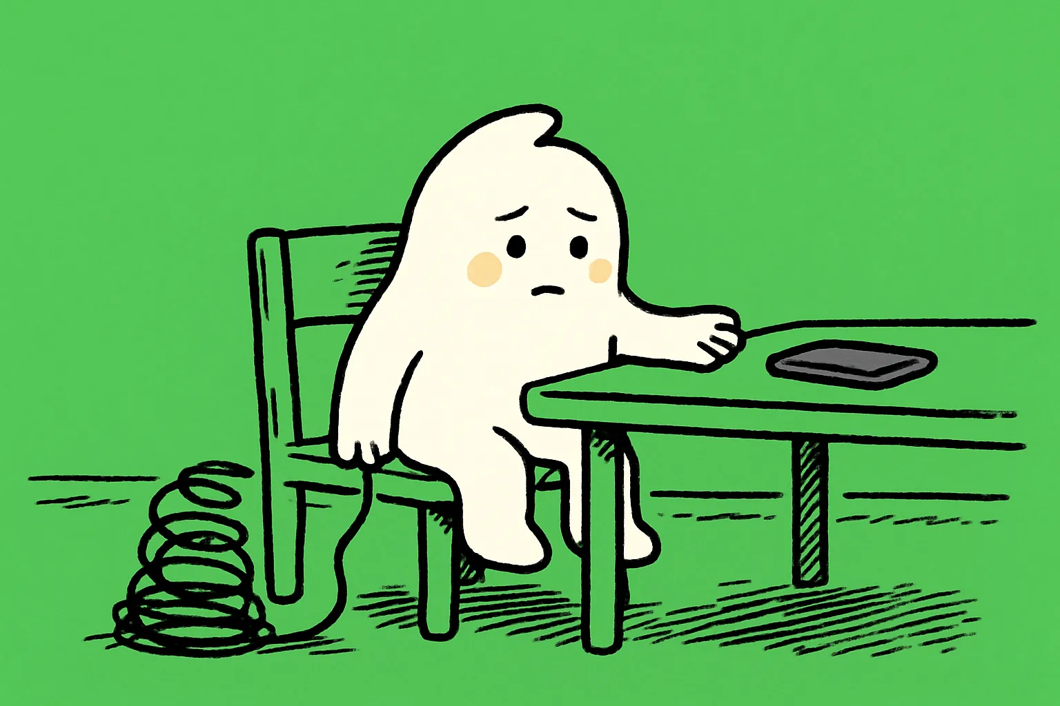 The small white character sits at a kitchen table at night with its phone face down and its hand open, having let go of a slackening black scribble that coils down to the floor.