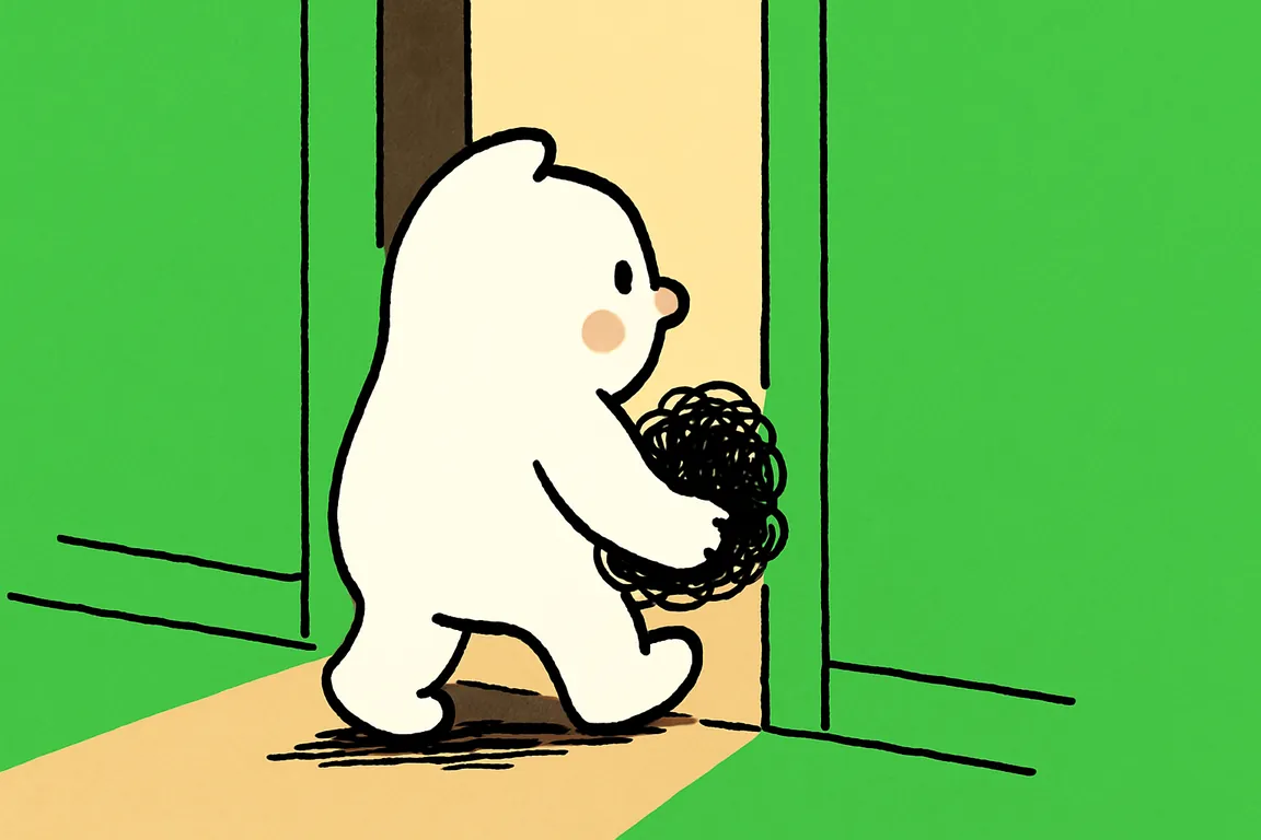 The small white character walks through a doorway into a living room carrying a small knot of black scribble tucked under one arm.