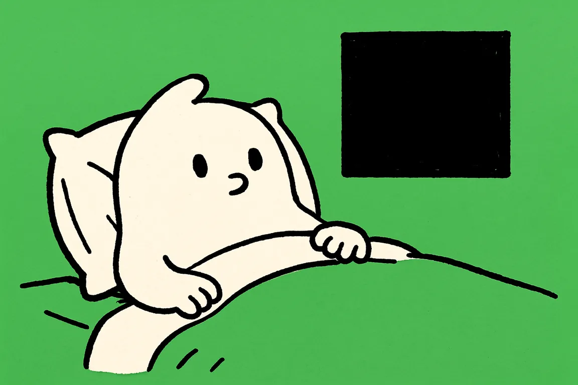 The small white character lies awake in bed at night with its eyes open, staying put rather than getting up.