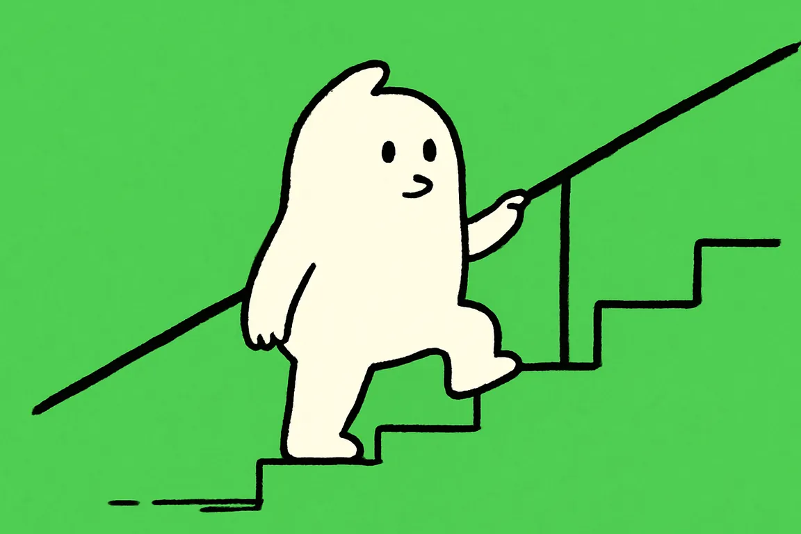 The small white character climbs a short flight of stairs one step at a time, hand on the rail.