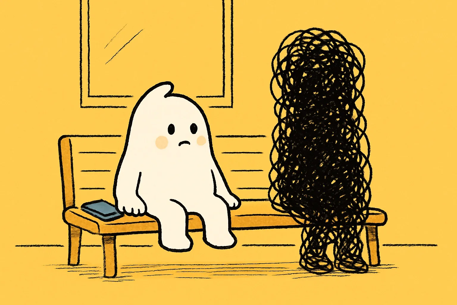 A small white character sits on a station waiting area bench with its hand beside a face-down phone instead of on it, while a tall slack black scribble stands on the floor nearby.