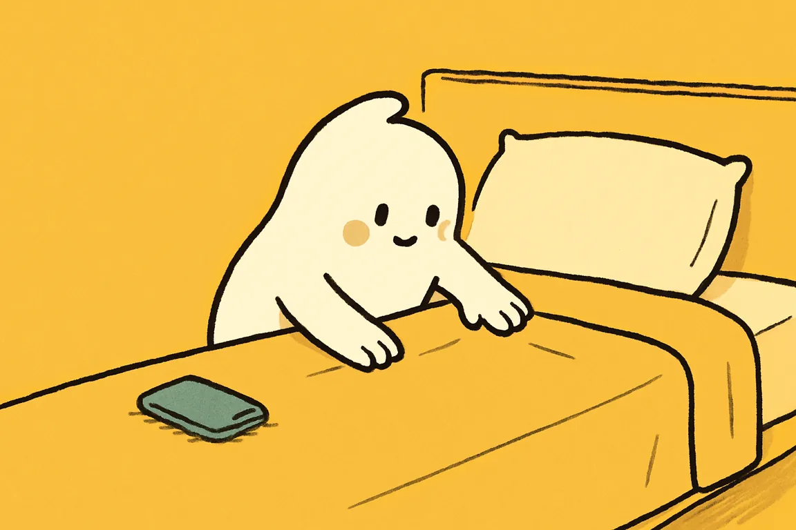 A small white character smooths a half-made bed while its phone lies face down and untouched on the mattress.