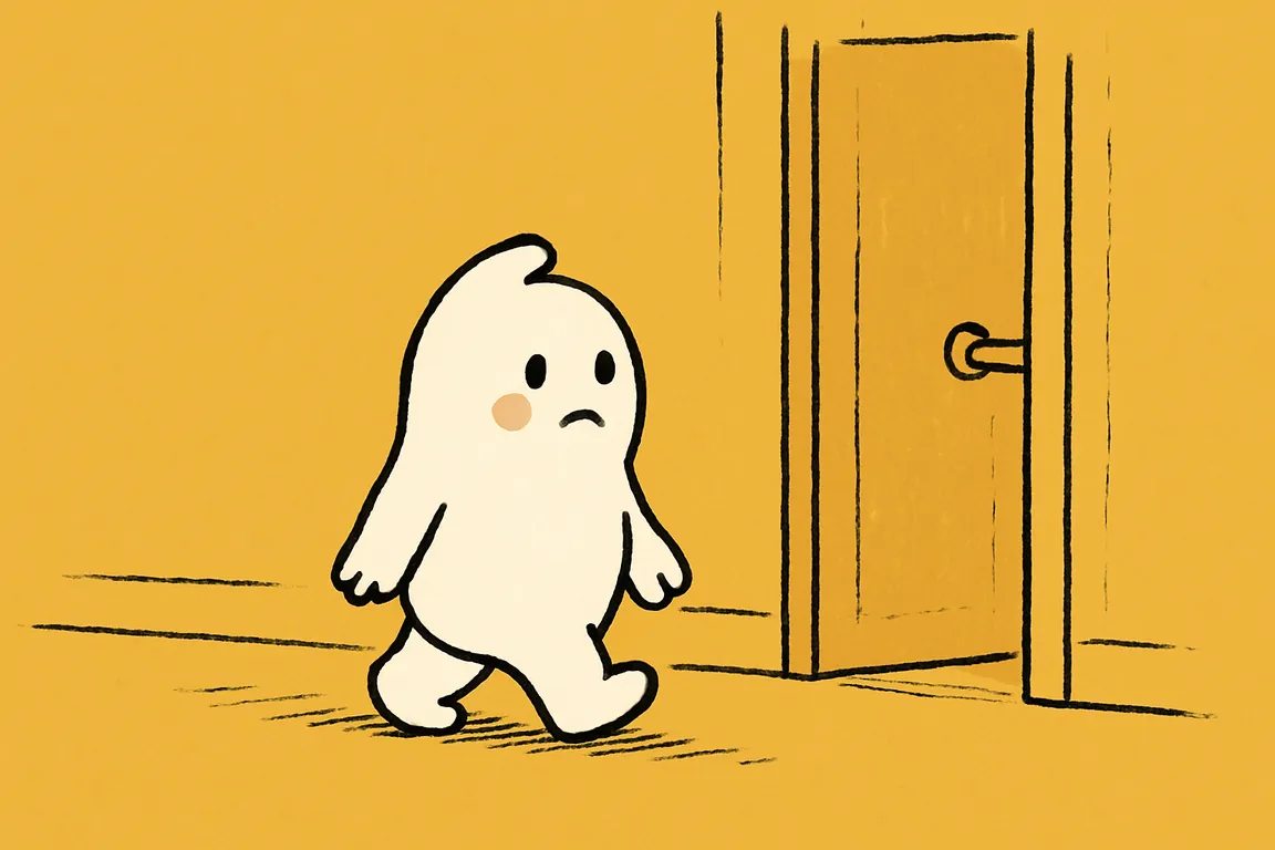 A small white character walks on along a hallway, face turned to the viewer, as the door behind it swings shut.