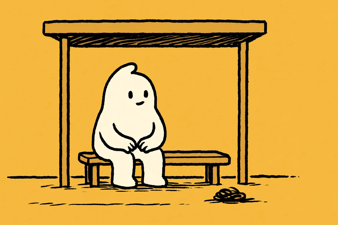 A small white character sits upright on a roadside bench with empty hands while a tiny spent black scribble lies flat on the ground near its feet.