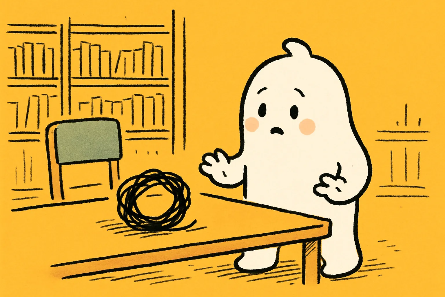 A small white character stands up from a library table and turns away, leaving a black scribble loop on the table with an obvious gap where it was never closed.