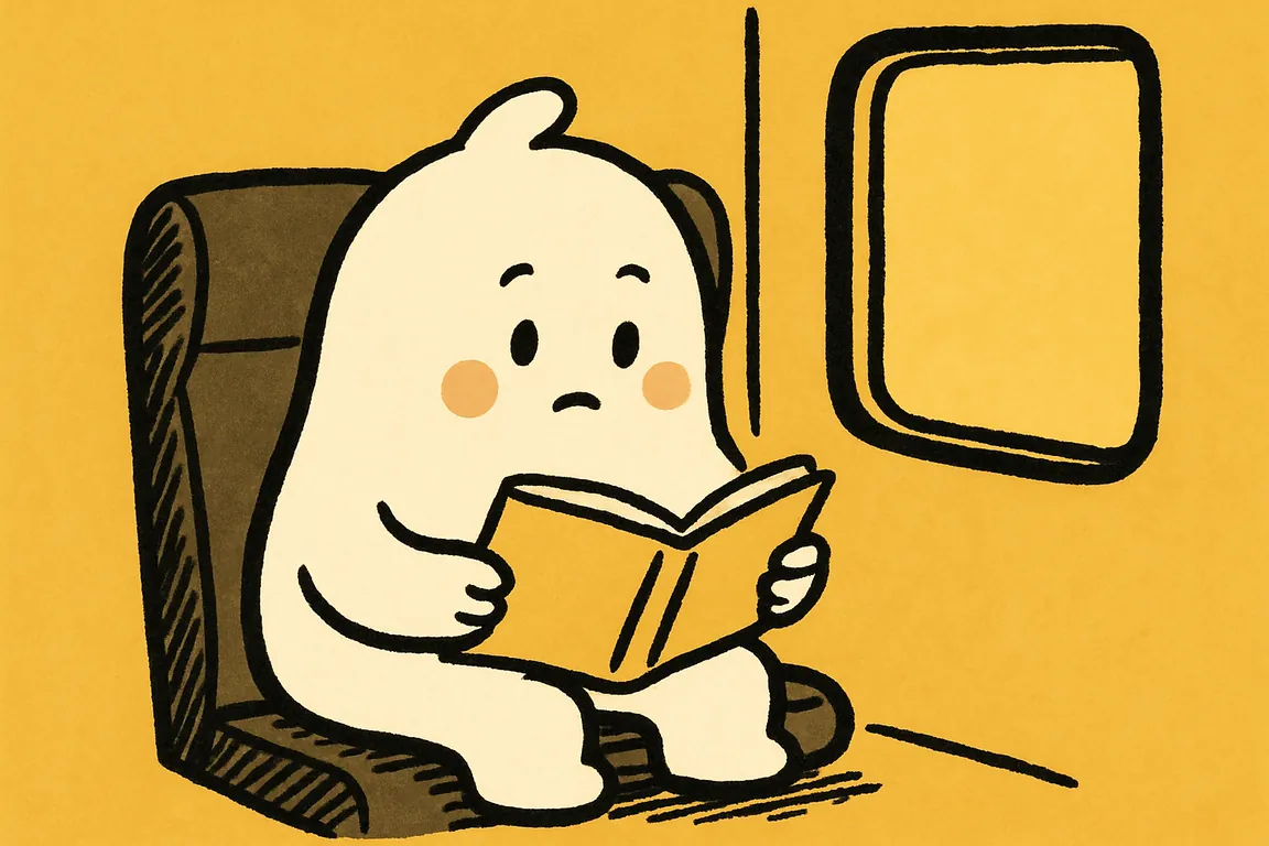 A small white character sits on a train seat holding an open book but looking up from the page, shoulders braced, noticing it has stopped reading.