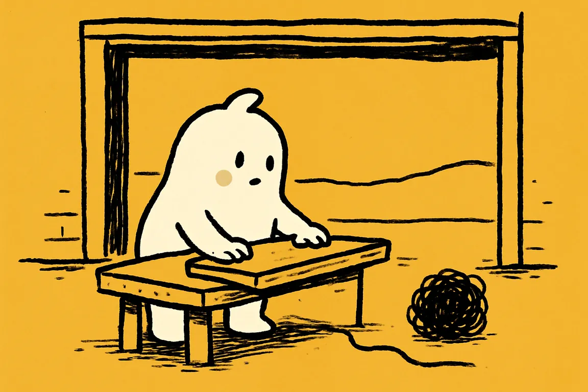 A small white character keeps both hands on a board at a garage workbench while a thin black scribble creeps back across the floor to its heel.