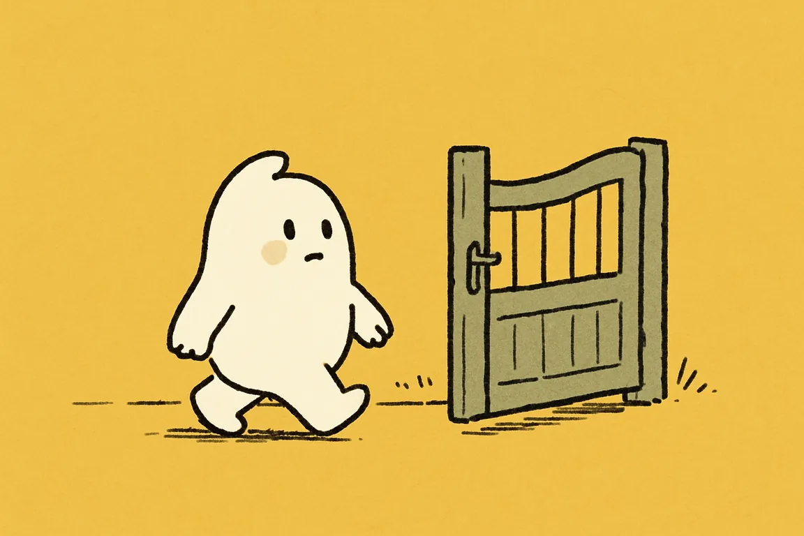 A small white character walks on down a garden path, hand off the latch, leaving the garden gate standing wide open behind it.