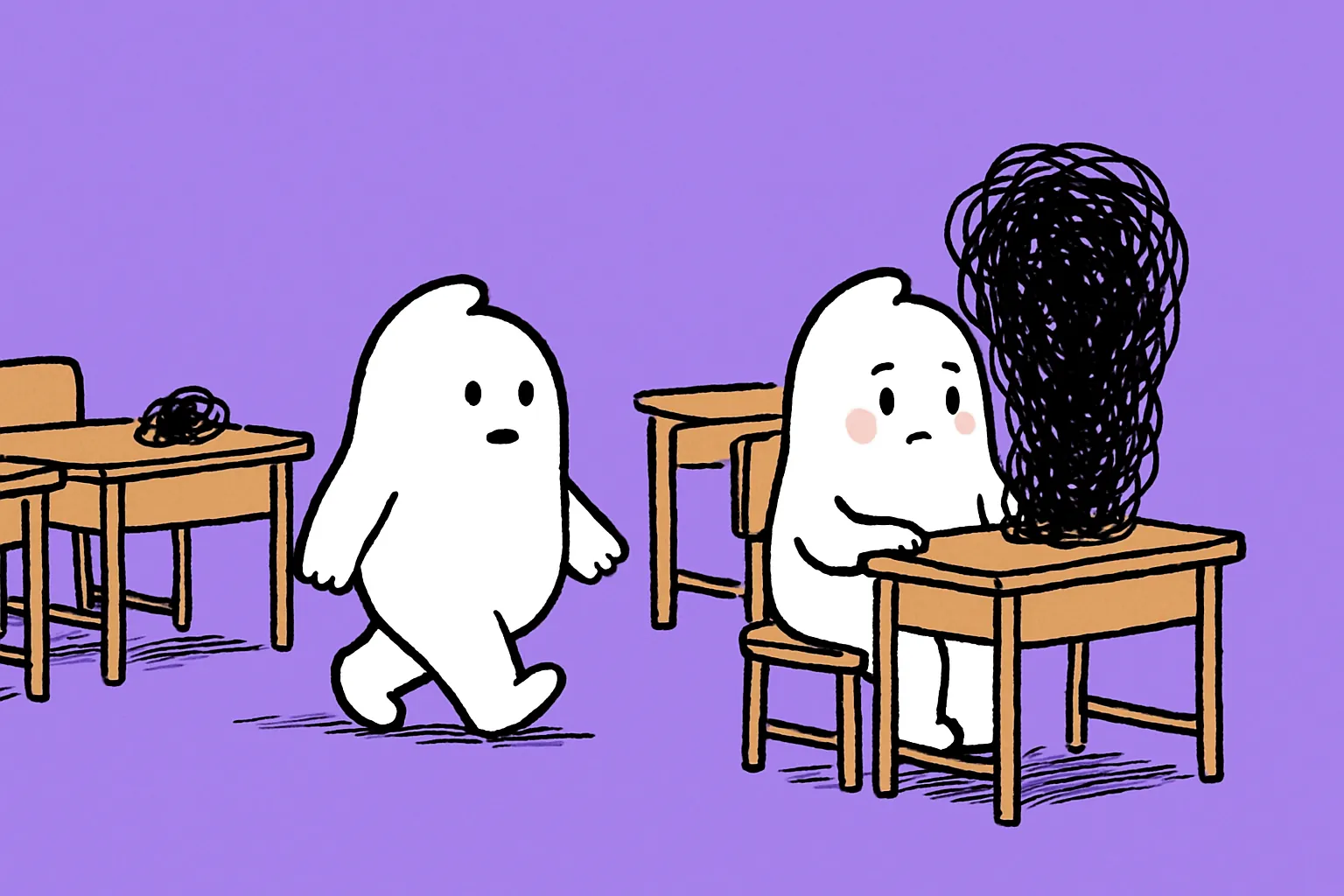 A small white character walks past three desks with small scribbles it leaves alone, then sits at the last desk with both hands on one much bigger scribble it has returned to.