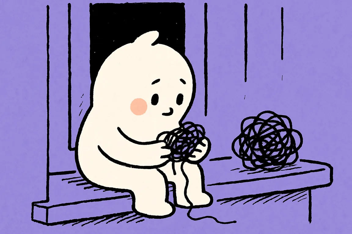 A small white character sits on a windowsill cupping a small scribble whose loose ends slip through its fingers, with another scribble already sitting on the sill beside it.