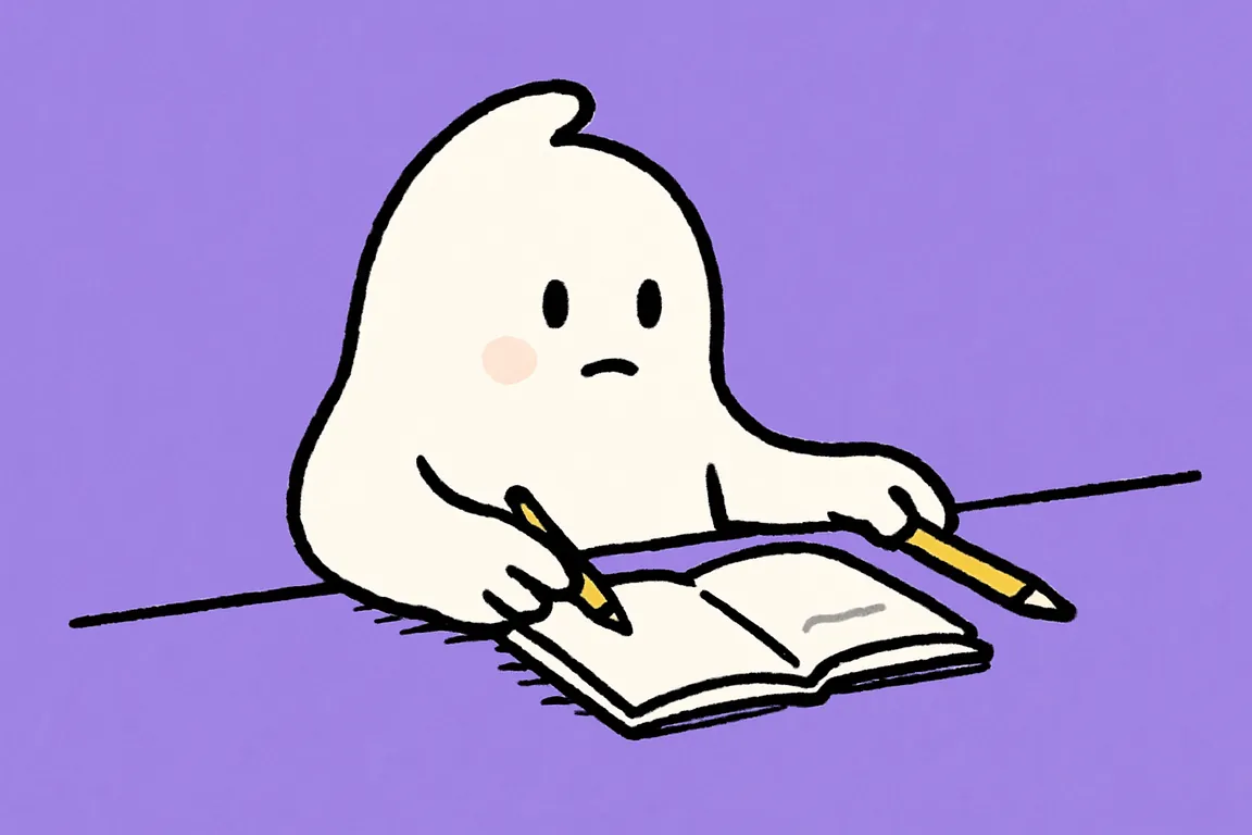 A small white character on a kitchen stool puts the pencil down beside a notebook with a single short line written in it.