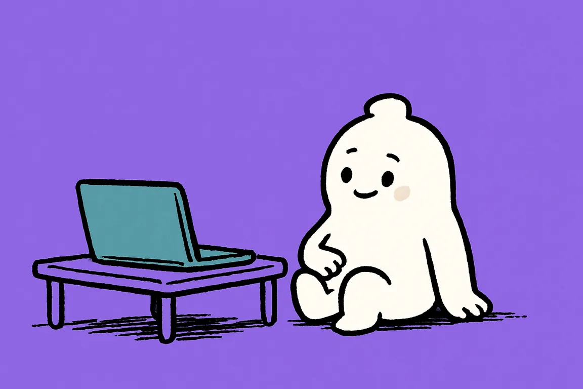 A small white character sits on the floor leaning back from a closed laptop on a low table, hands off it, waiting the urge out.