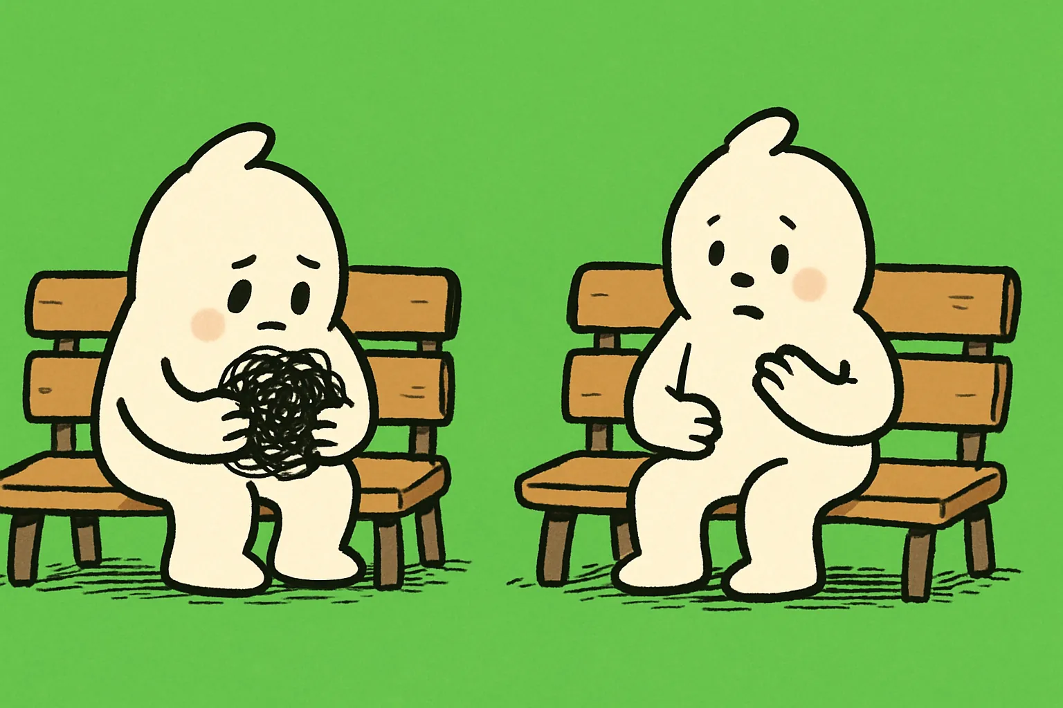 The same small white character on one park bench twice: on the left turning a black knot over in its hands, on the right sitting upright with a hand on its chest and nothing in its hands.