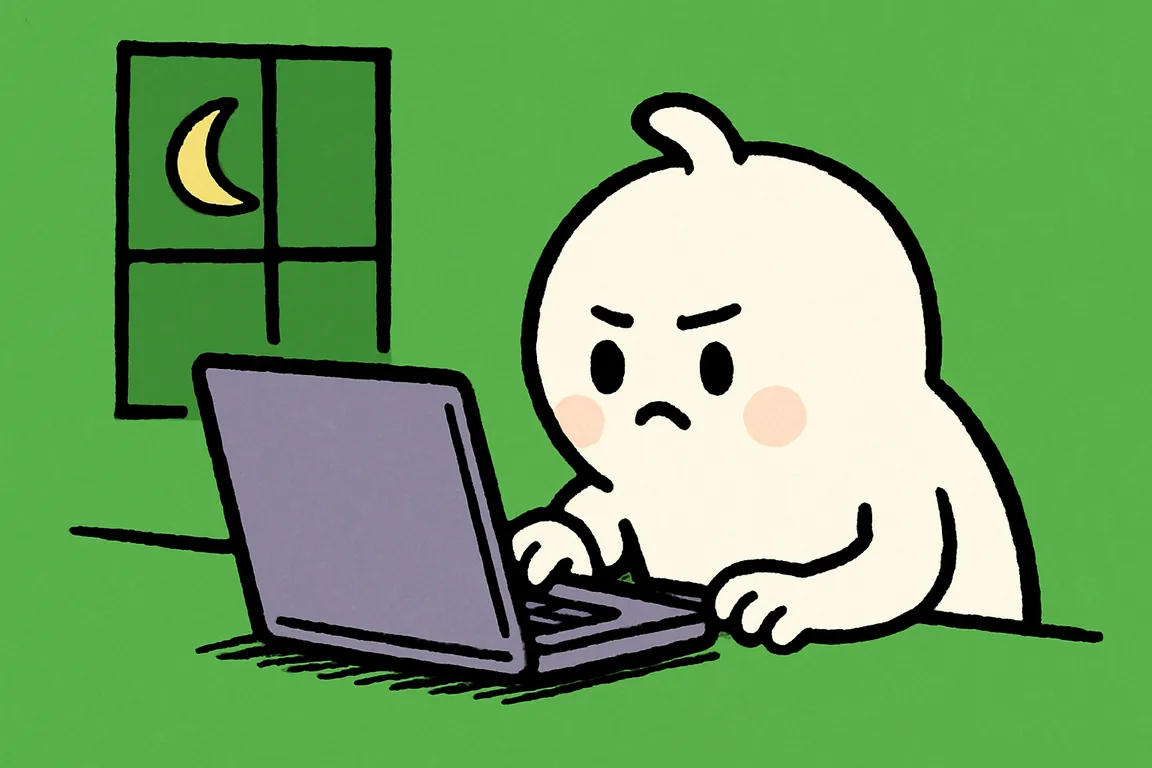 The small white character leaning close to an open laptop at a night-time desk, searching for an answer.