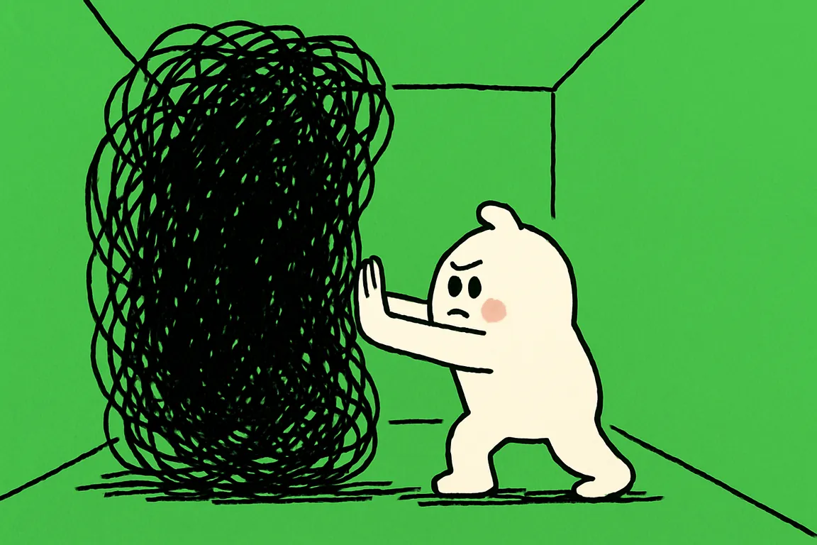 The small white character pressing both palms against a towering black scribble in a hallway as the scribble bulges back around it.