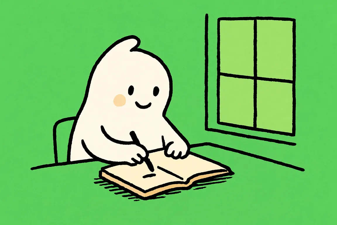 The small white character sitting at a table by a window, writing one short line in an open notebook.