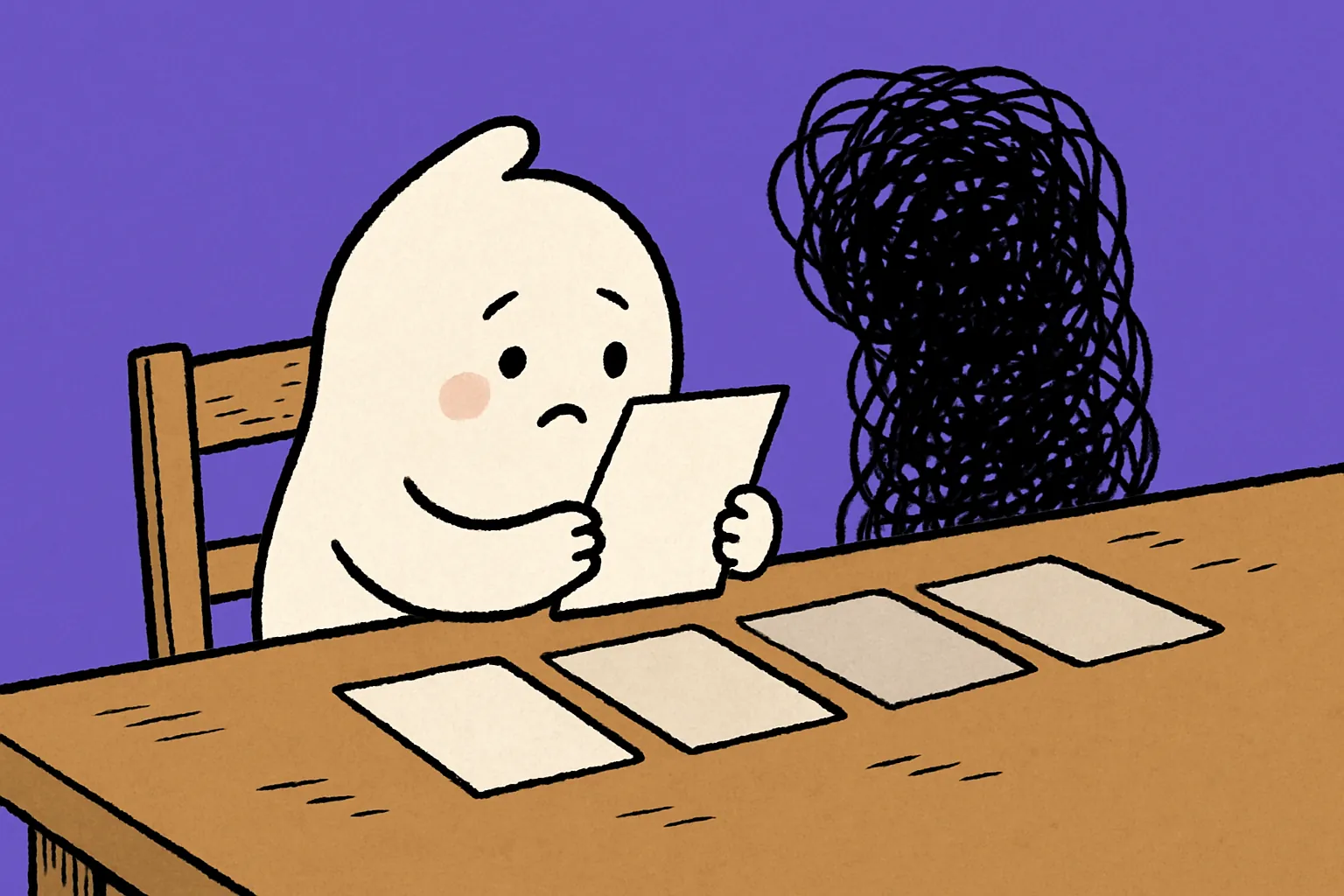 A small white character at a table holds up a pale blank sheet while a row of ever-fainter copies of it lies in front of it and a black scribble rises behind its shoulder.