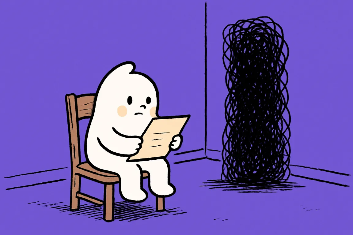 A small white character sits on a chair in a bare room reading a single page while a towering loose black scribble stands behind it, showing staying with the script instead of stopping.
