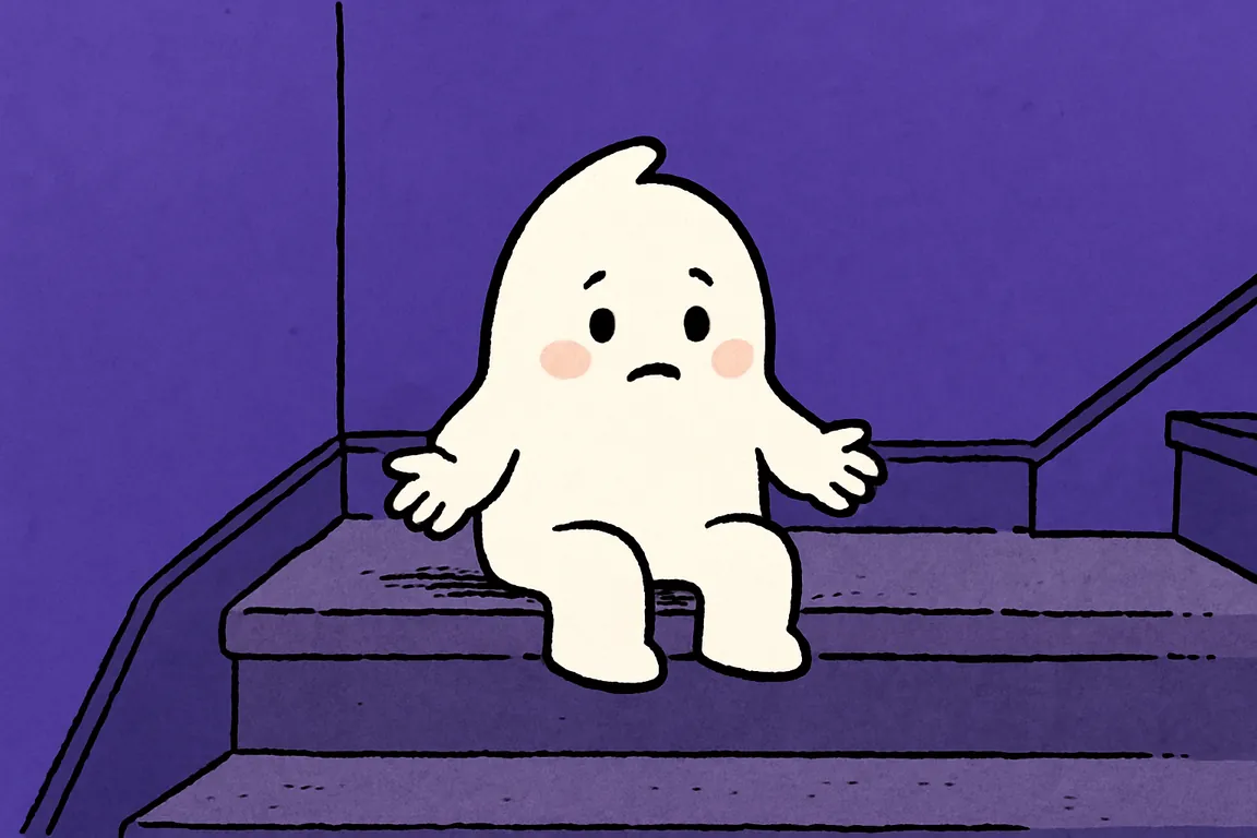 A small white character sits on a stairwell landing step with empty upturned palms after telling its story aloud, showing relief that drains away.