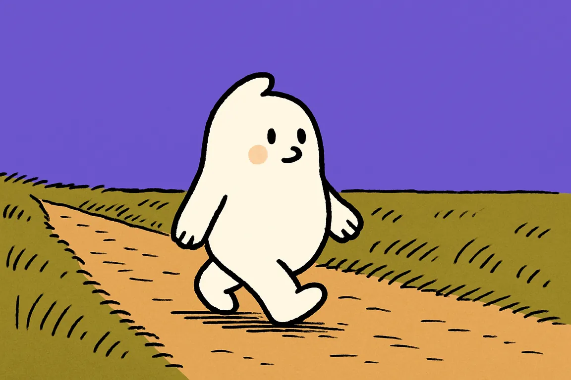 A small white character walks mid-stride along a park path with empty hands and nothing following it, showing carrying the not-knowing into the rest of the day.